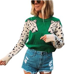 Angashion Leopard Sleeve Green Knitted Stylish Sweater | Size Small
